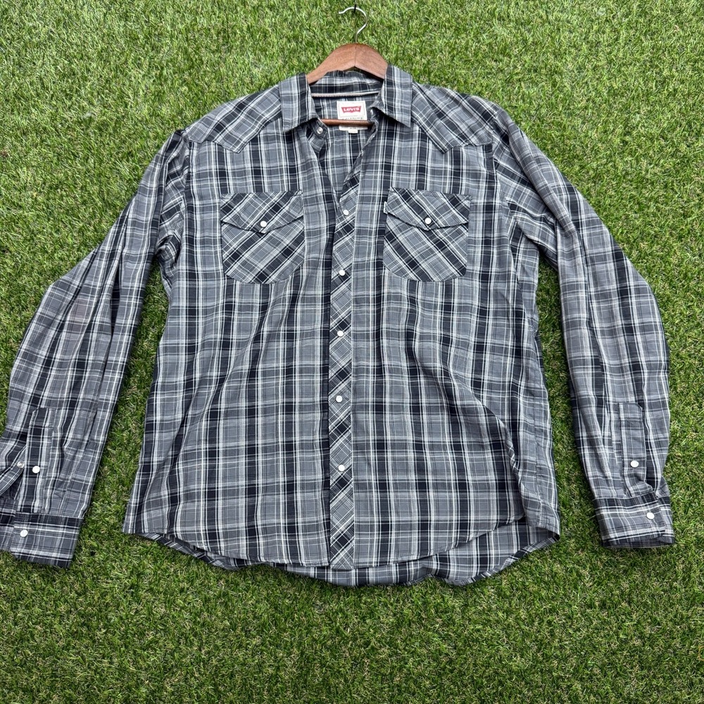 Levi's  Tab Pearl Snap Western‎ Shirt Men's Large Gray Plaid Long Sleeve Cowbo